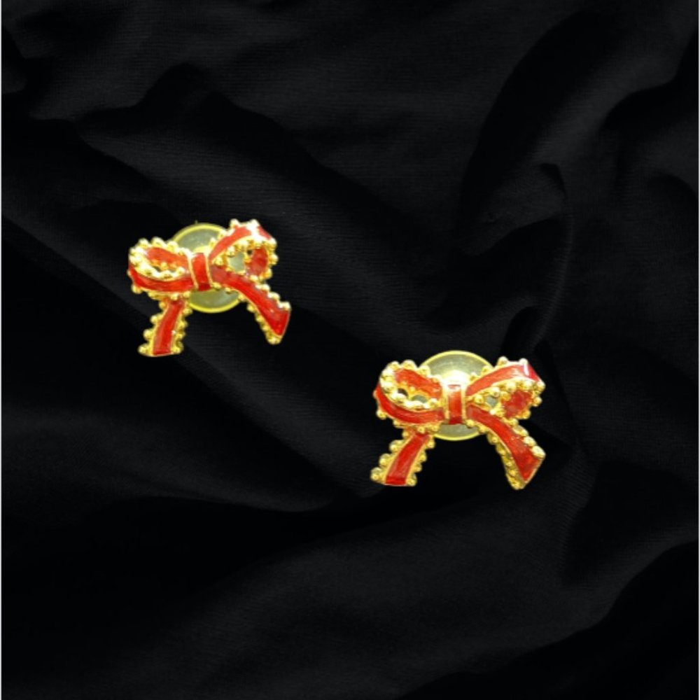 VINTAGE PIERCED EARRINGS - Red and Gold Bows, Post Earrings - Picture 2 of 6